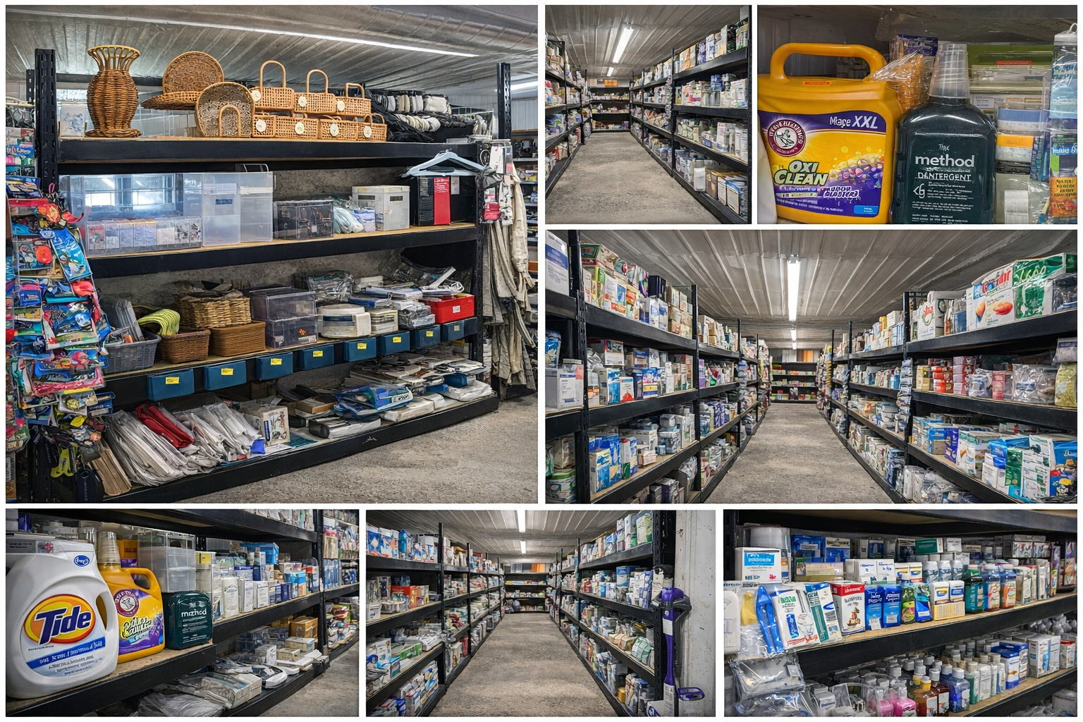 Liquidation sale shelves stocked with household goods, cleaning supplies, and rotating discount inventory